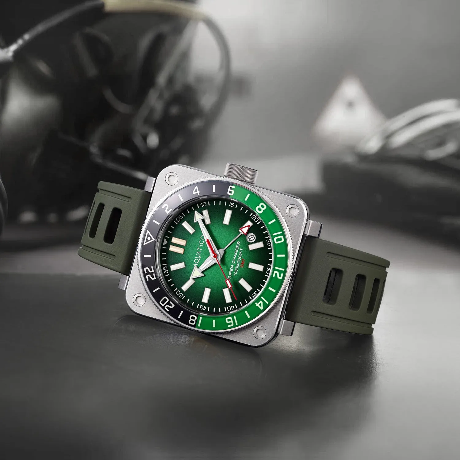 Aquatico Steel Man GMT Watch (Green Dial Green and Black Bezel)