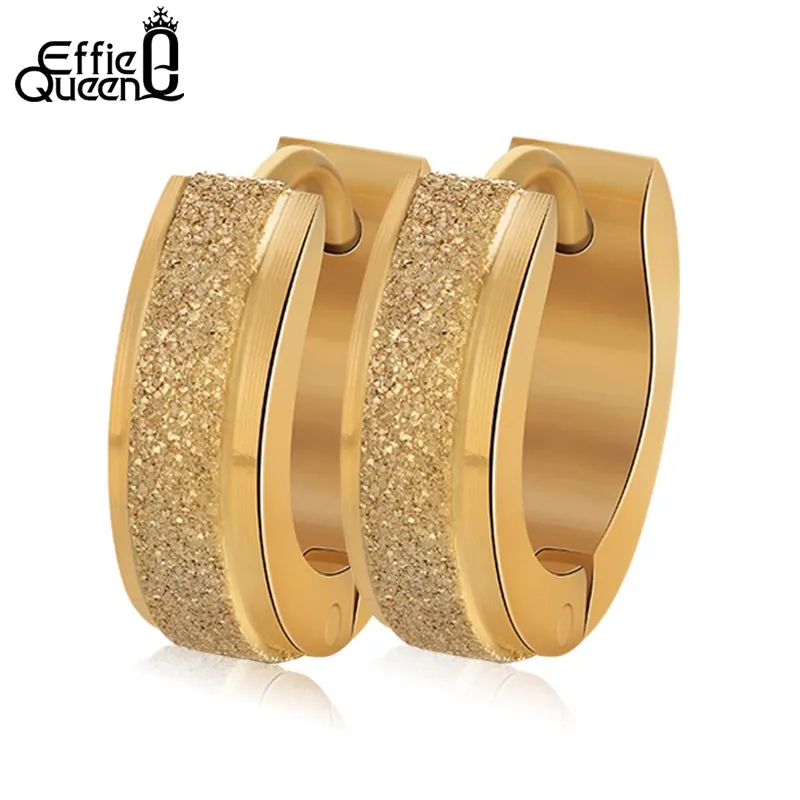 Effie Queen Fashion Scrub Gold-color Hoop Earrings Punk Rock Stainless Steel Earrings For Women Men Drop Ship Jewelry IE02