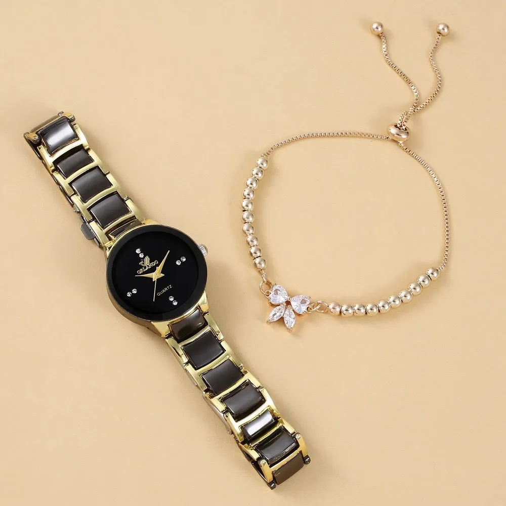 Faux Stone Bow Premium Black Gold Wrist Watch