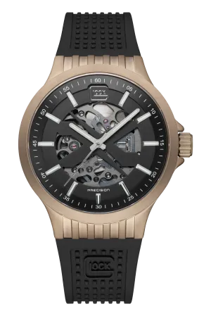 Gent's Khaki Steel Glock Watch with Black Skeleton Dial