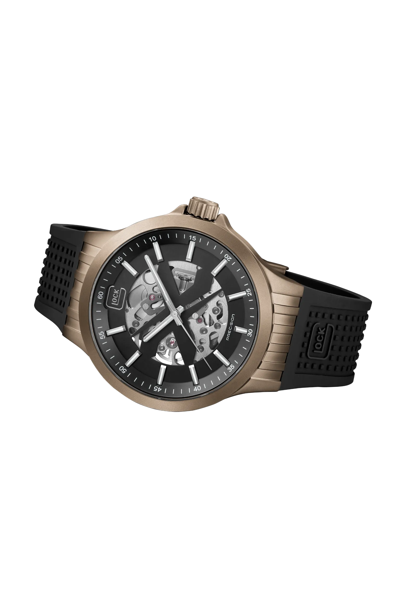 Gent's Khaki Steel Glock Watch with Black Skeleton Dial