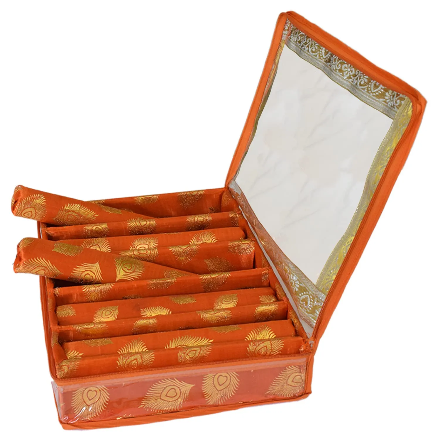 Heart Home Feather Design Laminated 5 Rod Box, Organizer For Bangle, Watches, Bracelets, Jewellery With Tranasparent Top - Pack of 2 (Orange)-47HH0164