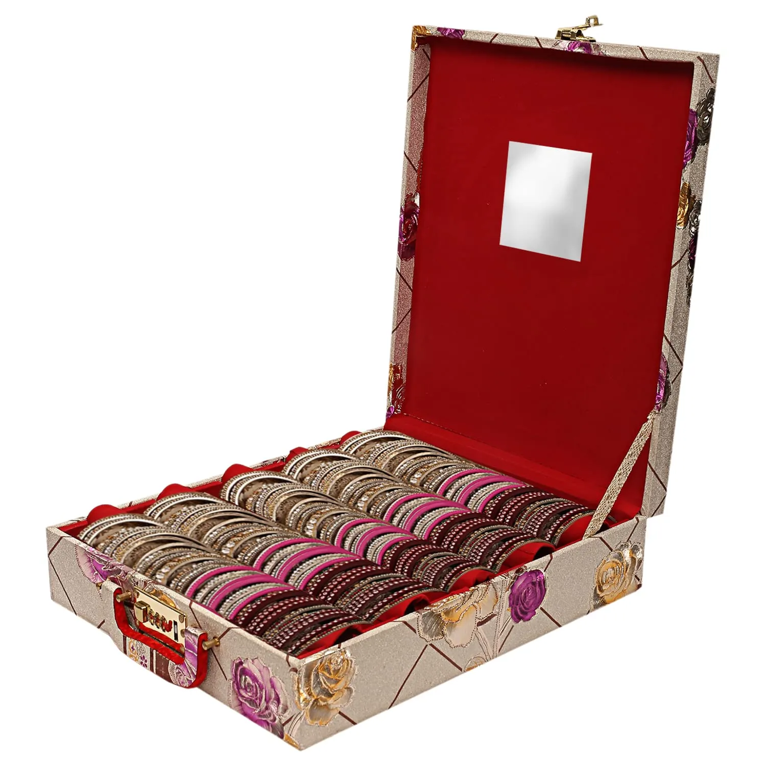 Heart Home Floral Design Wooden 5 Rod Bangle Box/Organizer For Bangle, Watches, Bracelets, Jewllery With Mirror & Number Lock System - Pack of 2 (Gold)-47HH0664