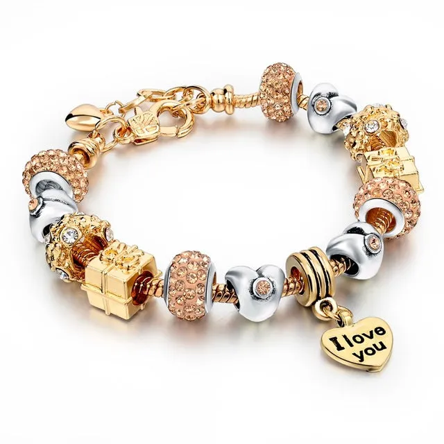 Hot Selling 2016 Heart Charm Bracelets & Bangles Gold Bracelets For Women DIY Pulsera Famous Brand Jewellery SBR150074