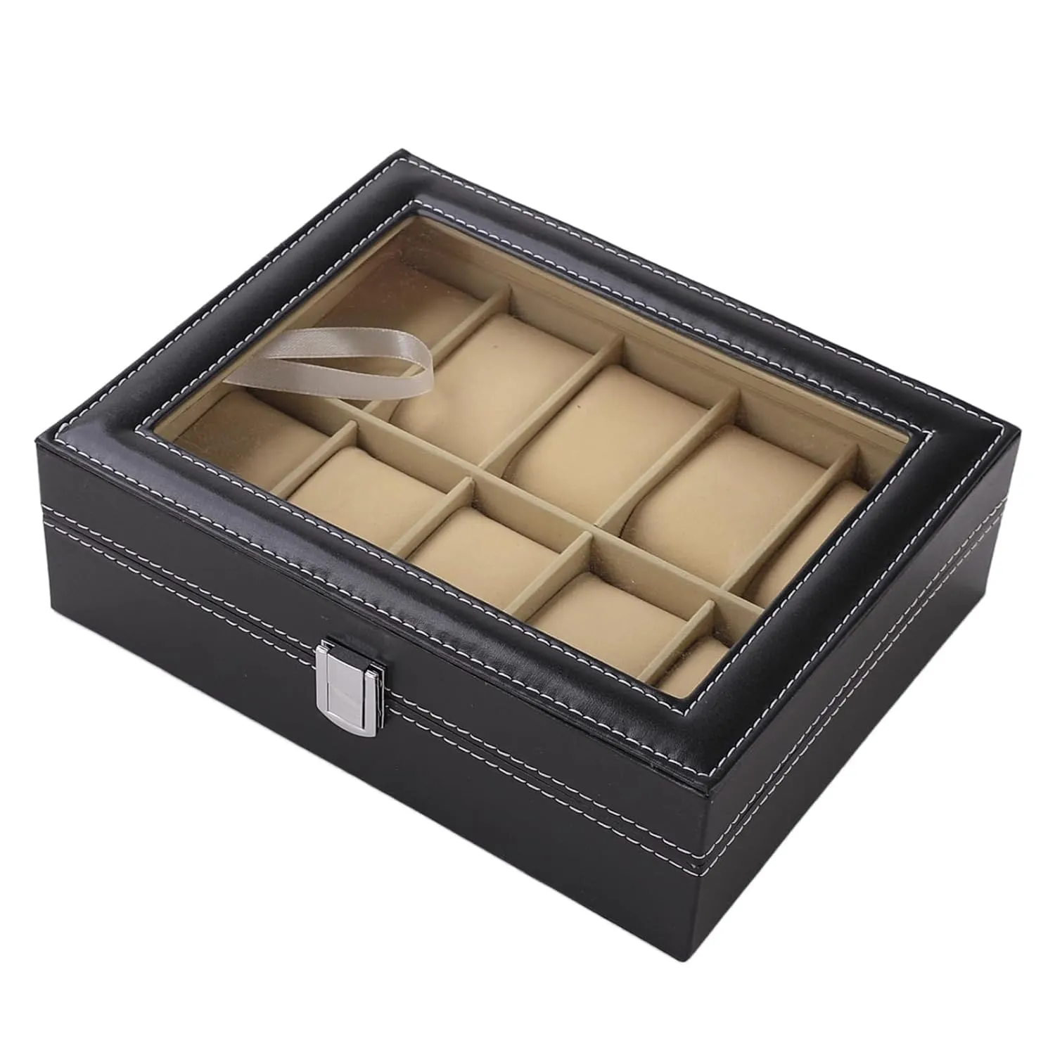 Kuber Industries 10 Slots Watch Organizer|Watch Storage Box For Men & Women|Secure Closer|Wrist Watch Display Box|Black|