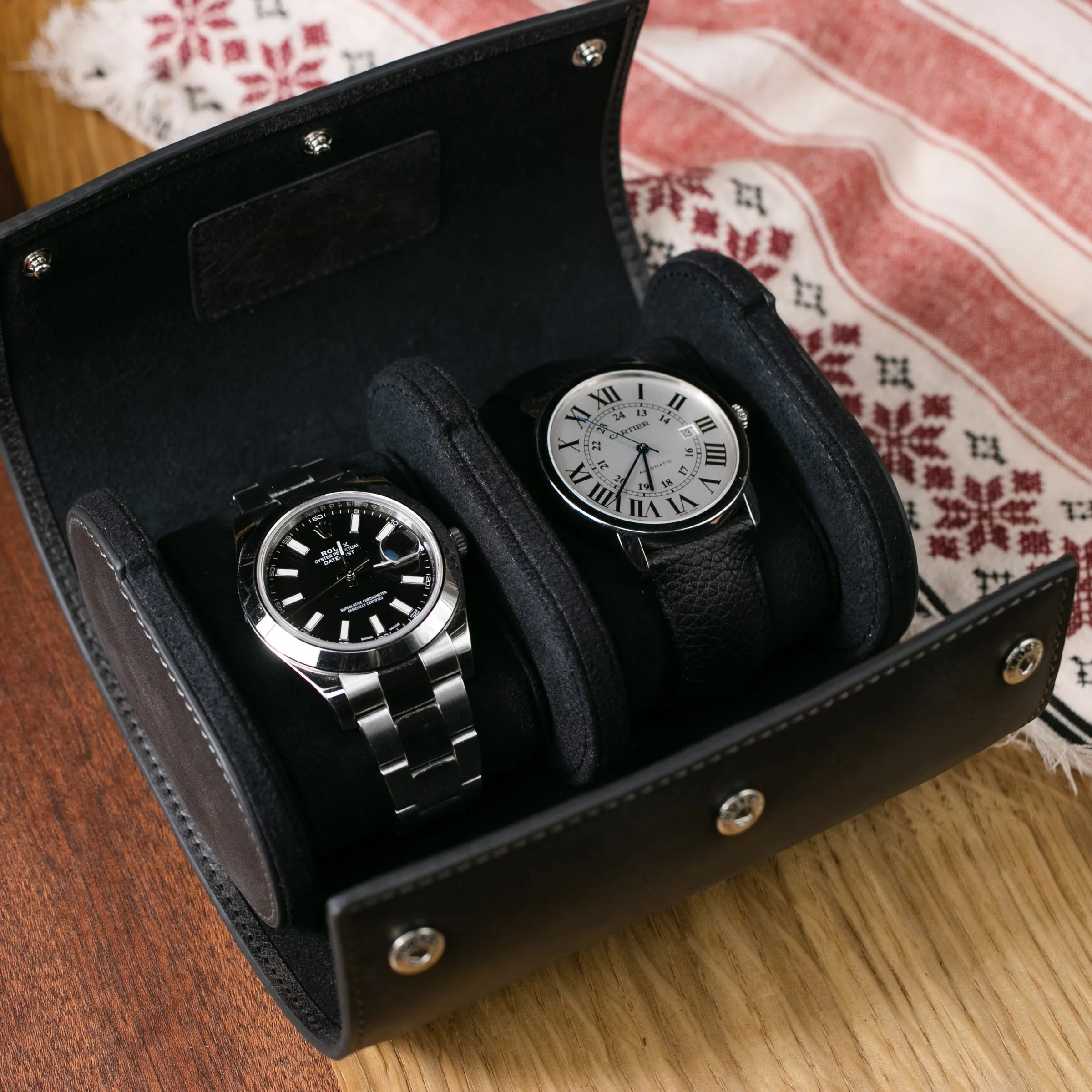 Leather Travel Watch Case - Coal - Double Watch Roll