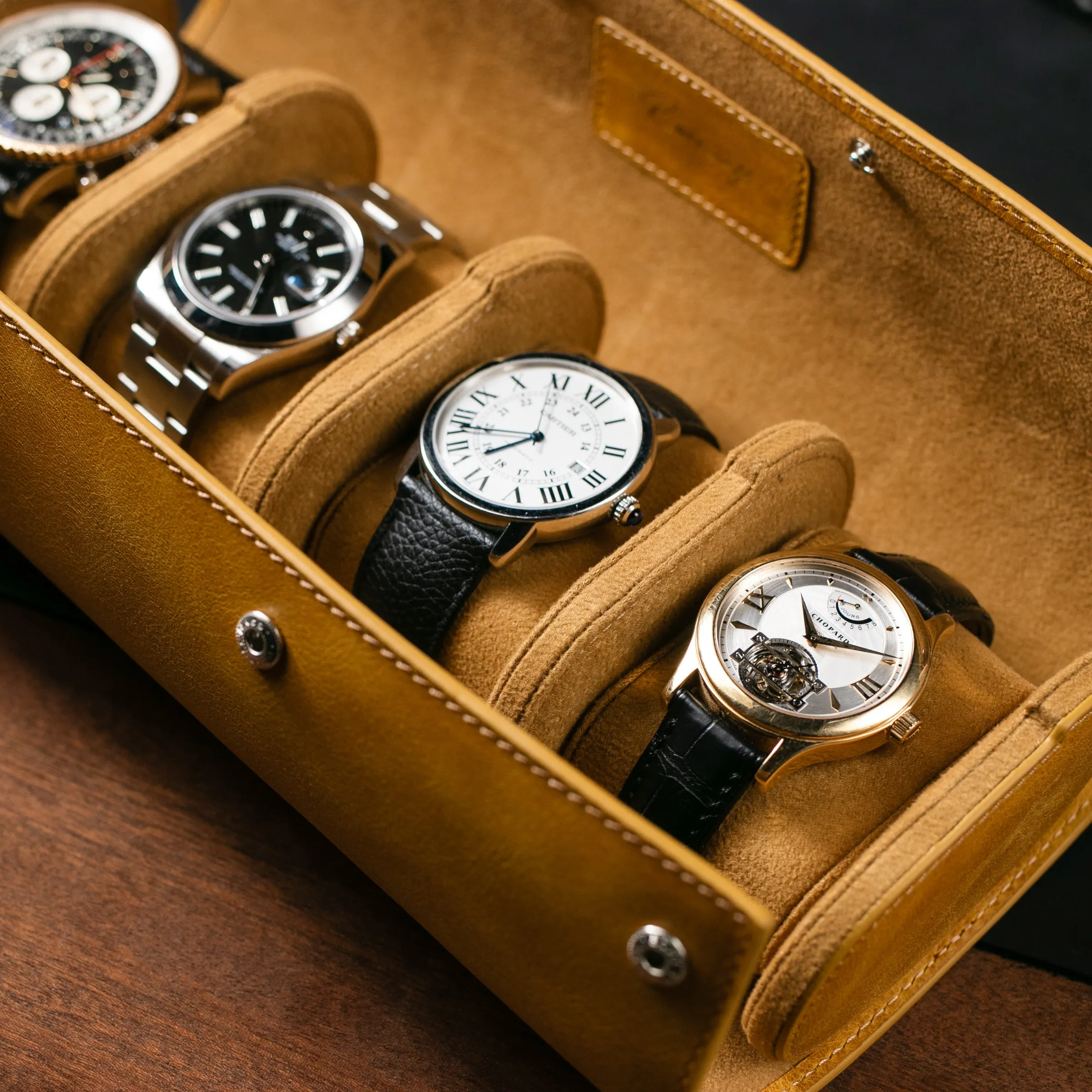 Leather Travel Watch Case - Mustard - Quad Watch Roll