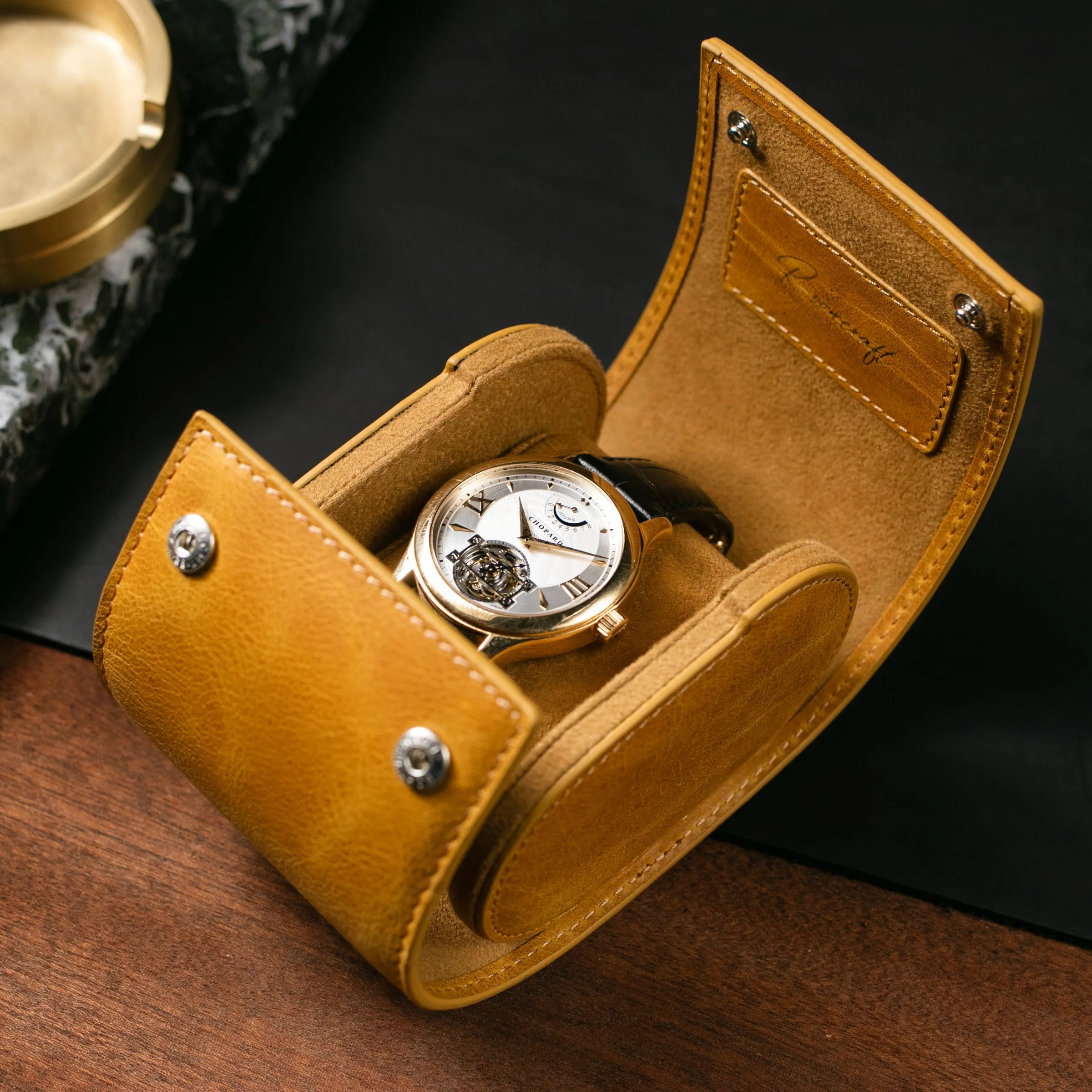 Leather Travel Watch Case - Mustard - Single Watch Roll