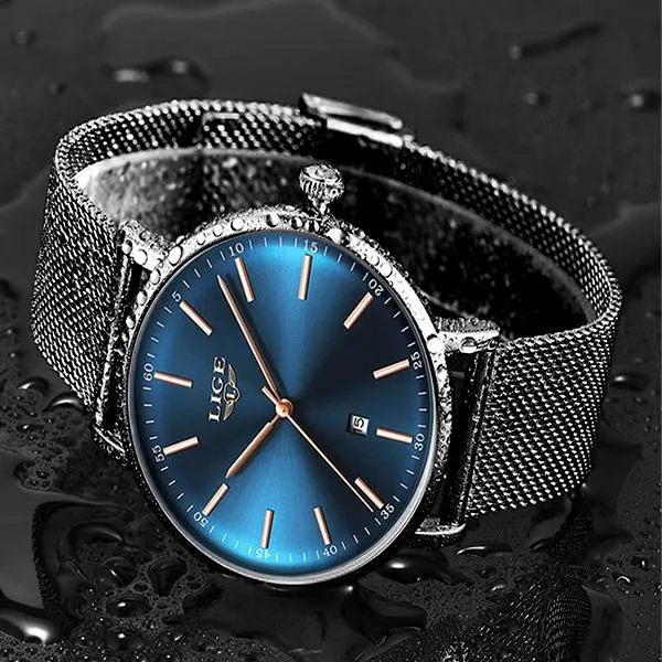 LIGE Womens Casual Ultra Thin Stainless Steel Watch with Blue Face