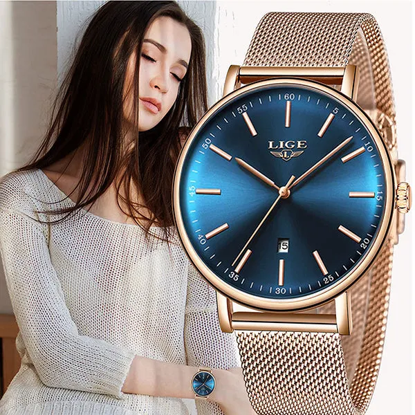 LIGE Womens Casual Ultra Thin Stainless Steel Watch with Blue Face