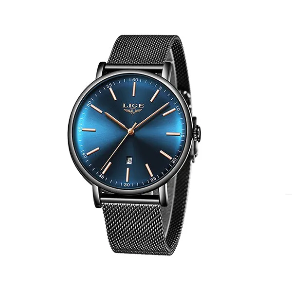 LIGE Womens Casual Ultra Thin Stainless Steel Watch with Blue Face