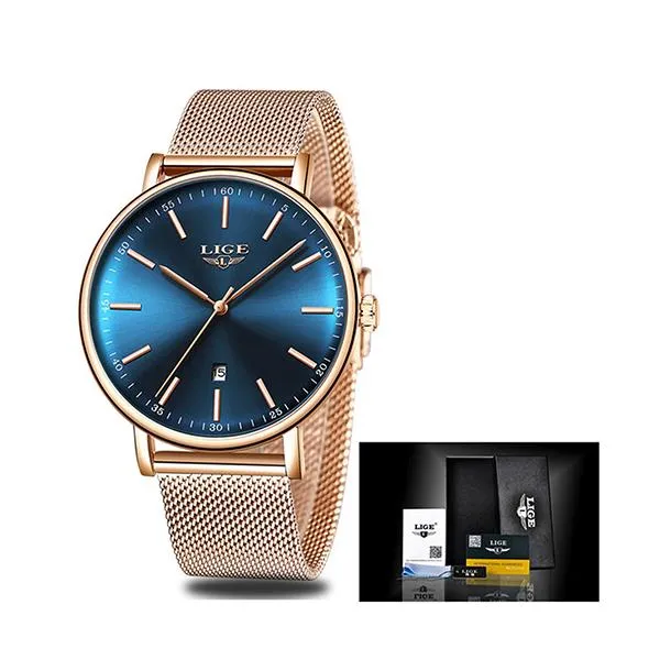 LIGE Womens Casual Ultra Thin Stainless Steel Watch with Blue Face