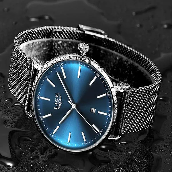 LIGE Womens Casual Ultra Thin Stainless Steel Watch with Blue Face