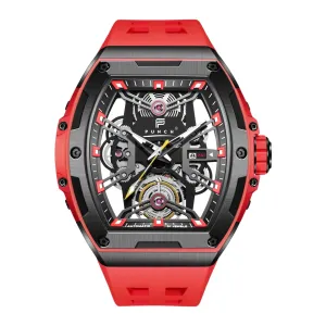 PUNCH Men's Red & Black Square Skeleton Automatic Sporting Watch