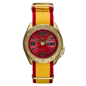 Seiko Mens Red Dial Yellow-Red Nylon Band Stainless Steel Japanese Automatic Watch - SRPF24