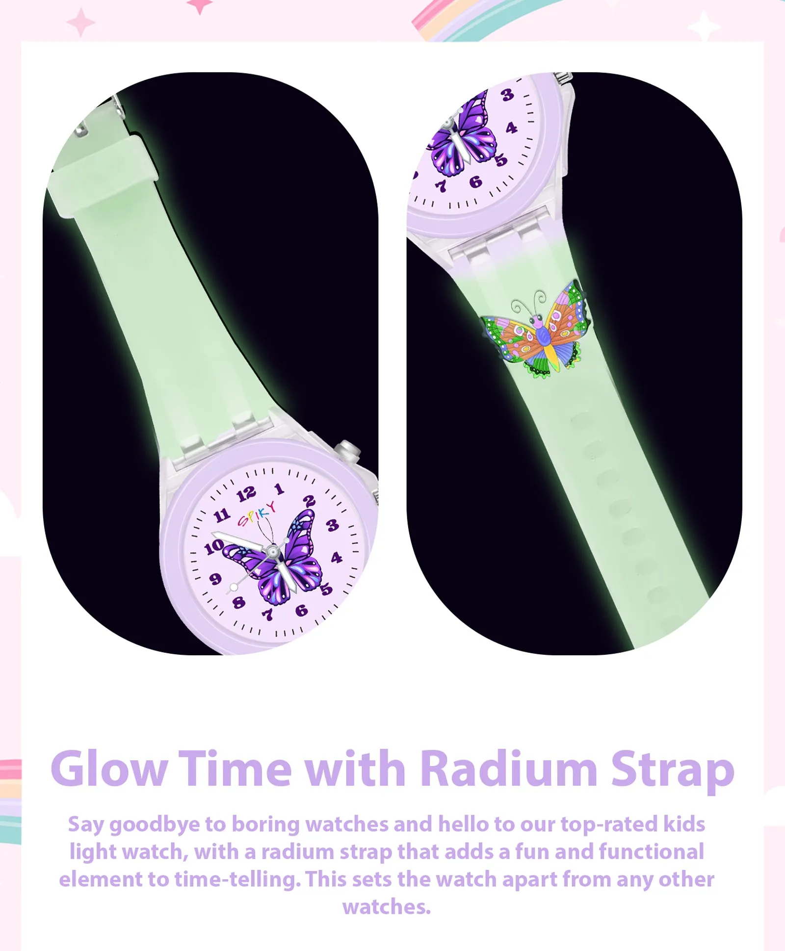 Spiky 3D Cartoon Butterfly Analog Light Watch for Kids & Girls - Purple