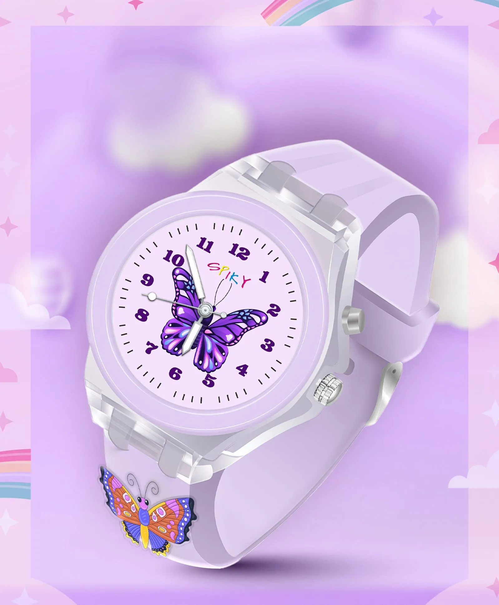 Spiky 3D Cartoon Butterfly Analog Light Watch for Kids & Girls - Purple