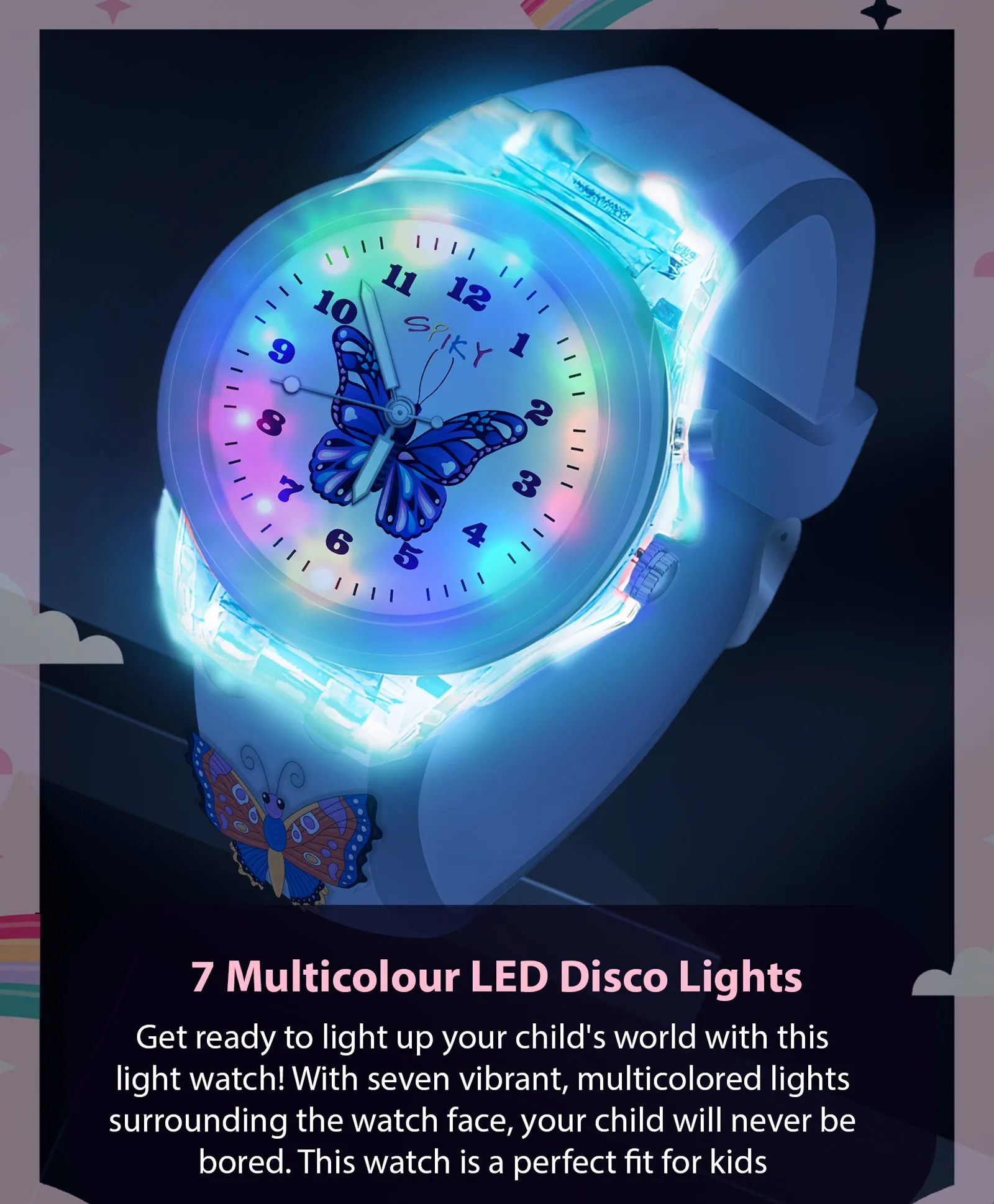 Spiky 3D Cartoon Butterfly Analog Light Watch for Kids & Girls - Purple