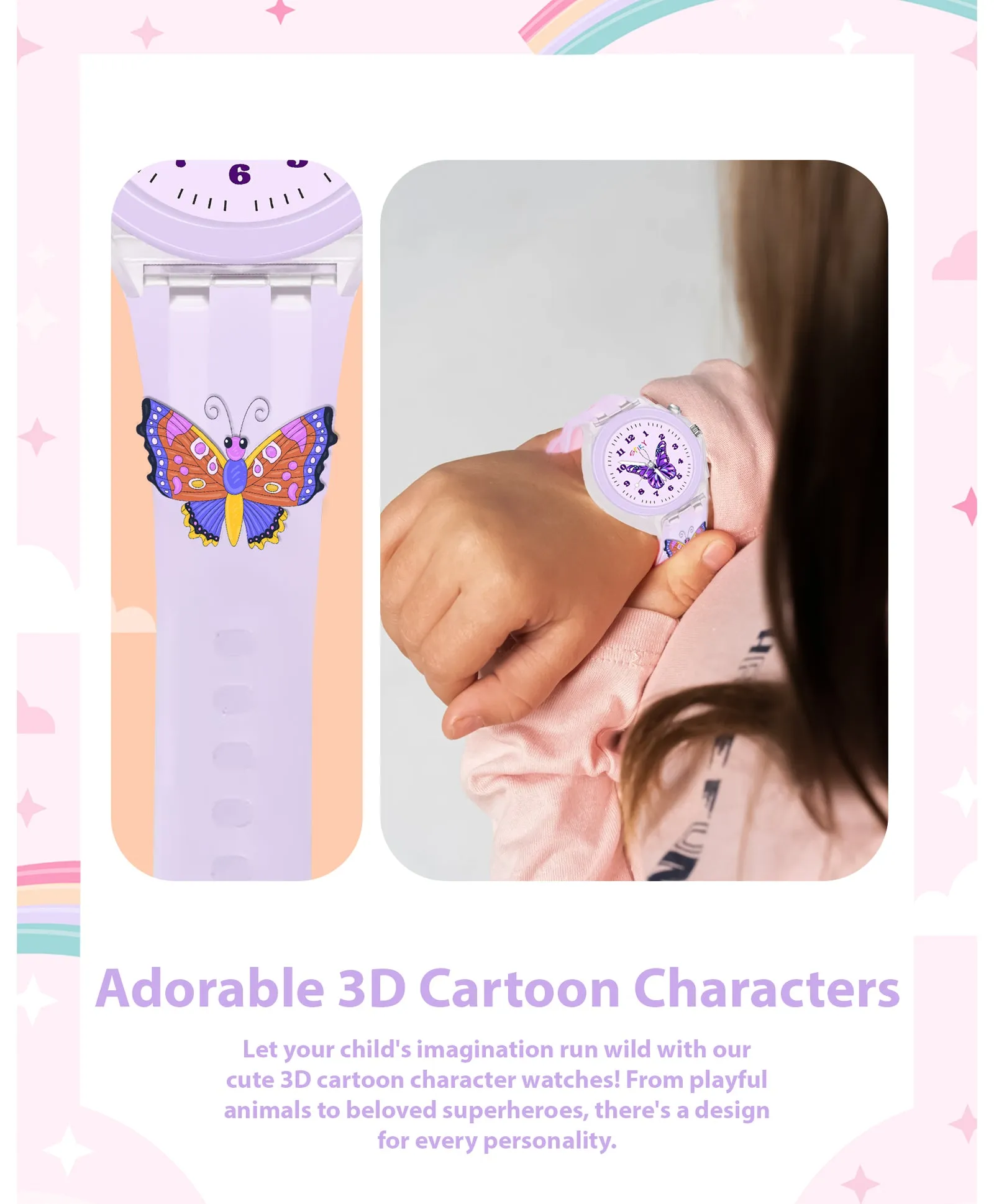 Spiky 3D Cartoon Butterfly Analog Light Watch for Kids & Girls - Purple