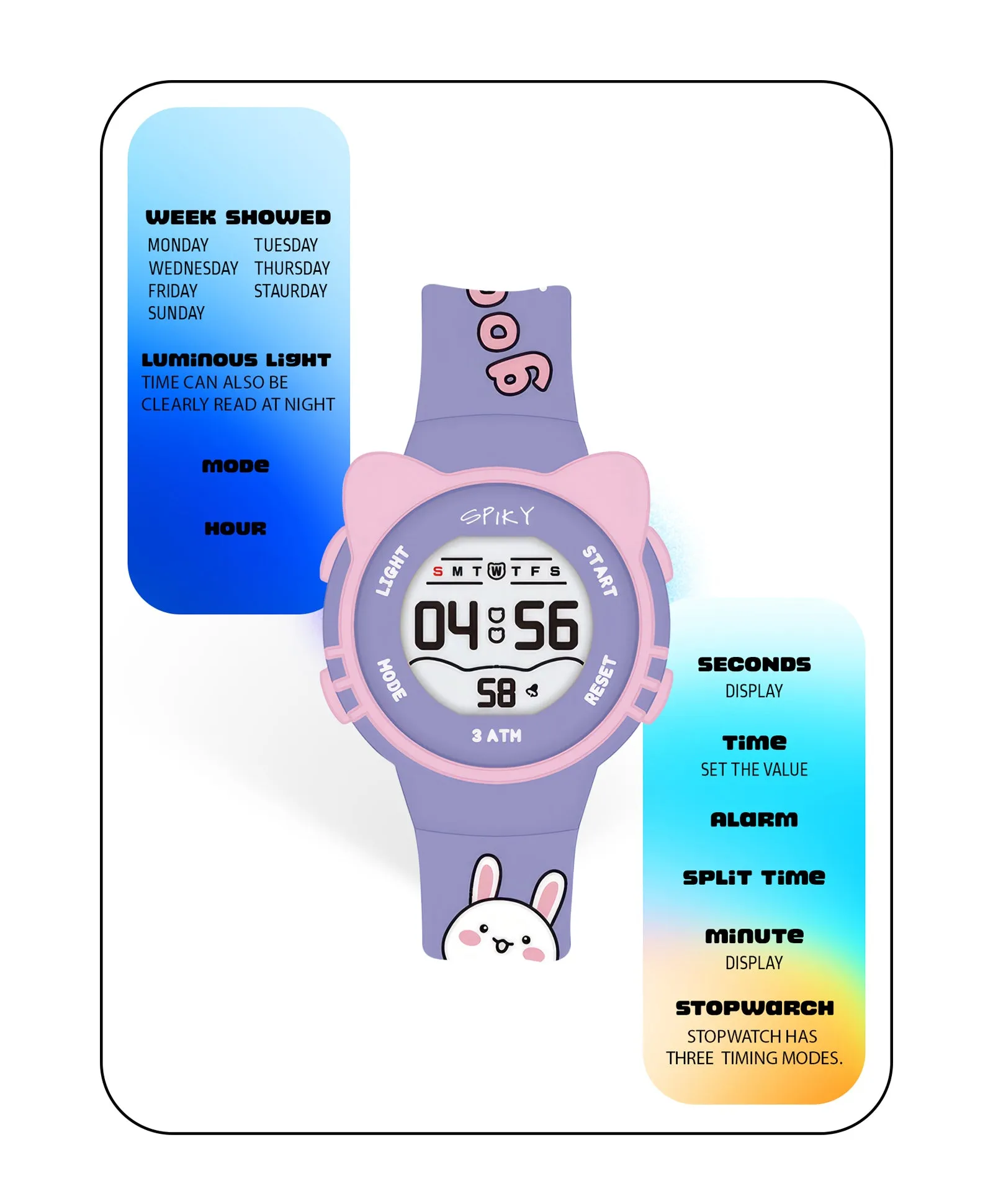 Spiky Round Cat Shaped Sports Digital Watch - Purple